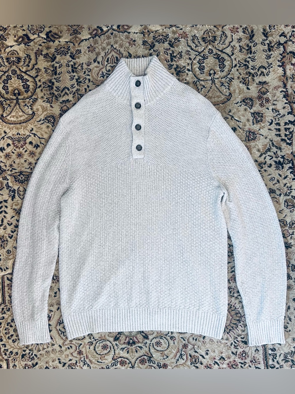 Banana Republic Mens Waffle Knit XL Gray Wool Blend Button Mock Neck Sweater